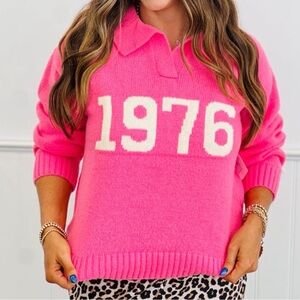 NWT - Lovelo - Pink Collared Retro 1976 Sweater - Woman's 1XL